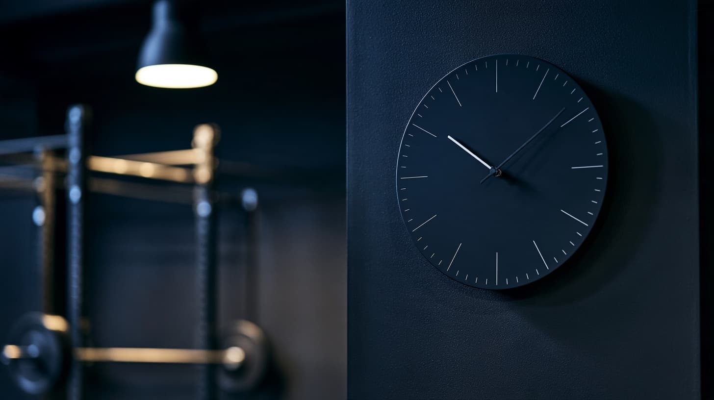 Minimalist navy wall clock in a dimly lit gym with a squat rack and barbell blurred in the background, because how long you train matters