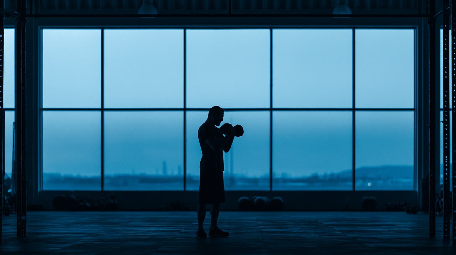 Silhouette of a person lifting a dumbbell against a floor-to-ceiling gym window at blue-hour twilight — morning or evening, the best workout time is the one you will actually keep