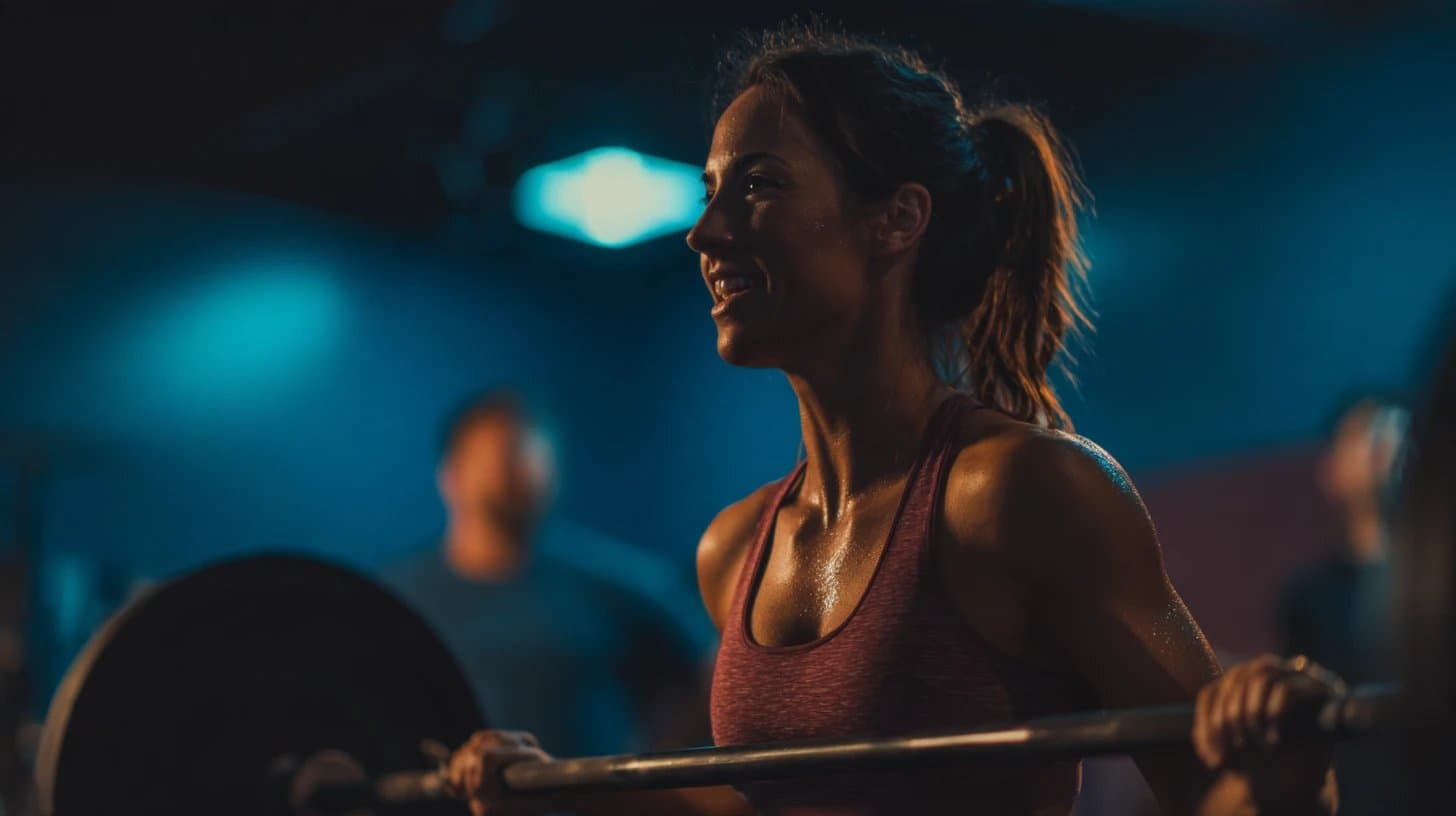 Smiling woman gripping a loaded barbell in a dimly lit strength studio, strong and athletic rather than bulky, training for function instead of bodybuilding