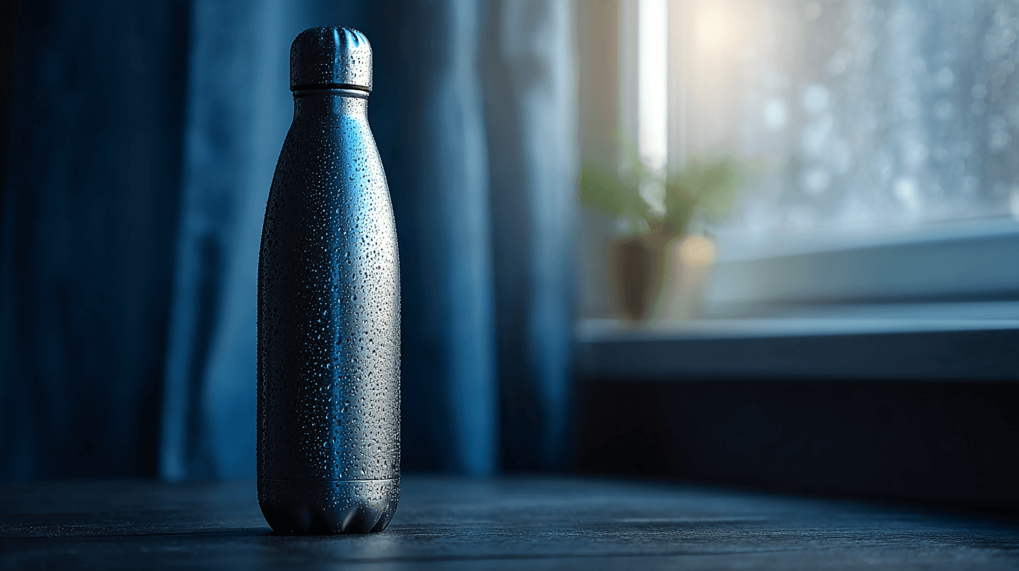 Glass water bottle on a wooden desk in soft natural light, representing daily hydration habits