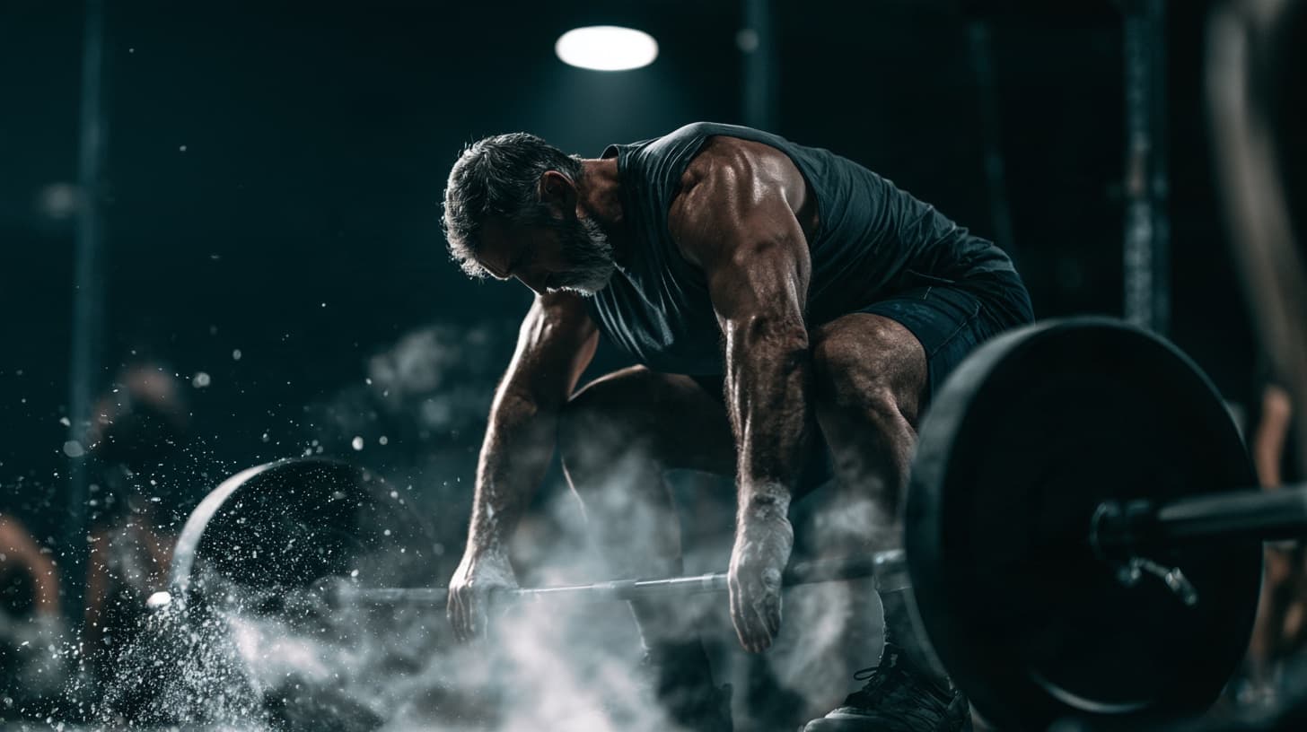 Adult in their fifties gripping a loaded barbell at the start of a deadlift in a dimly lit gym, chalk on their hands
