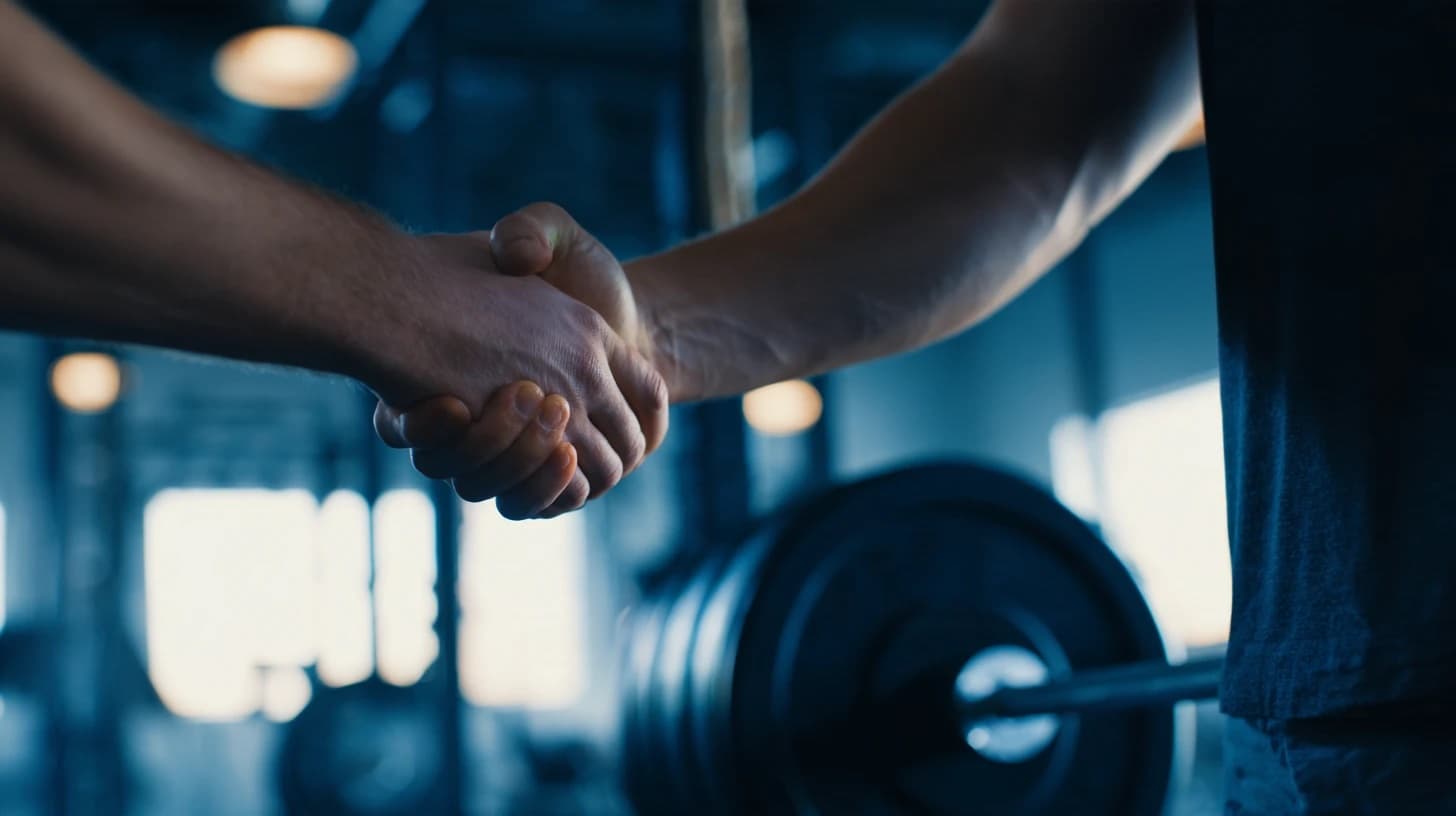 Personal trainer and new client shaking hands beside a loaded barbell in a dimly lit private gym, the moment you decide a coach is the right fit