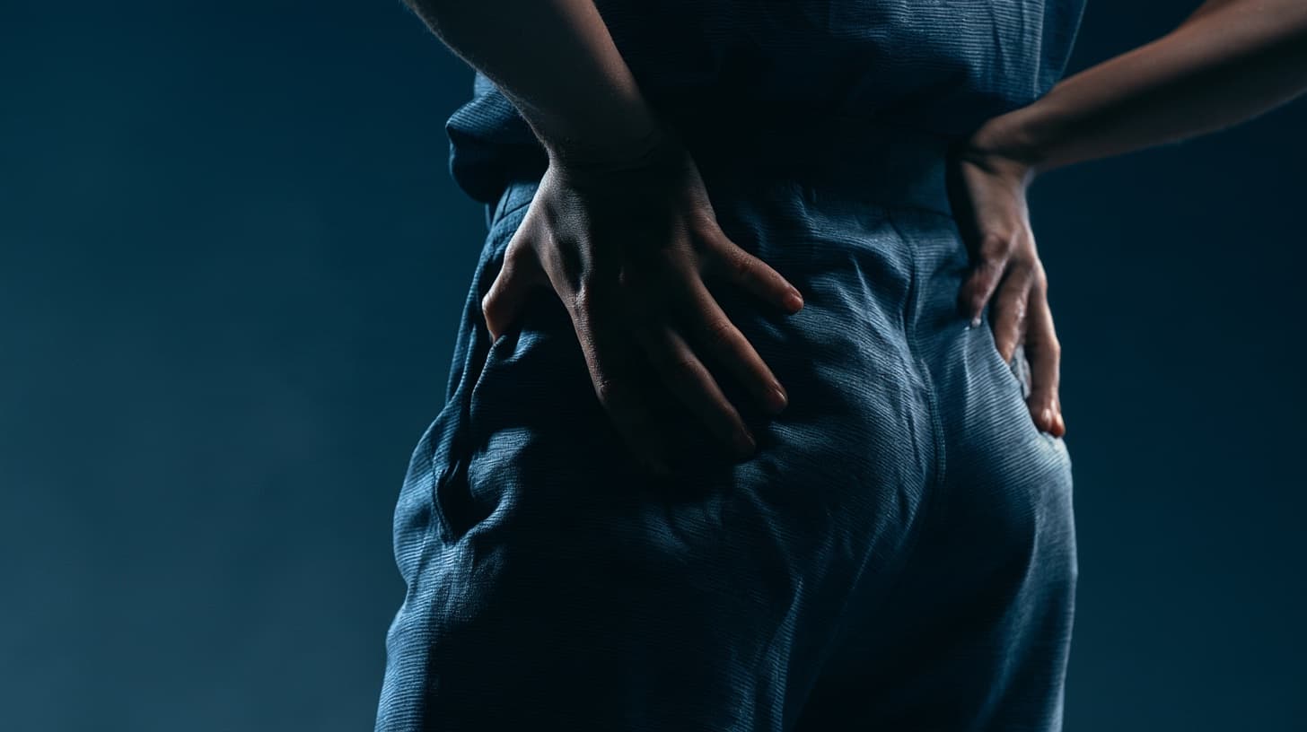 Person standing with both hands pressed into their low back and hips, the classic tight hips from sitting posture after a long day at a desk