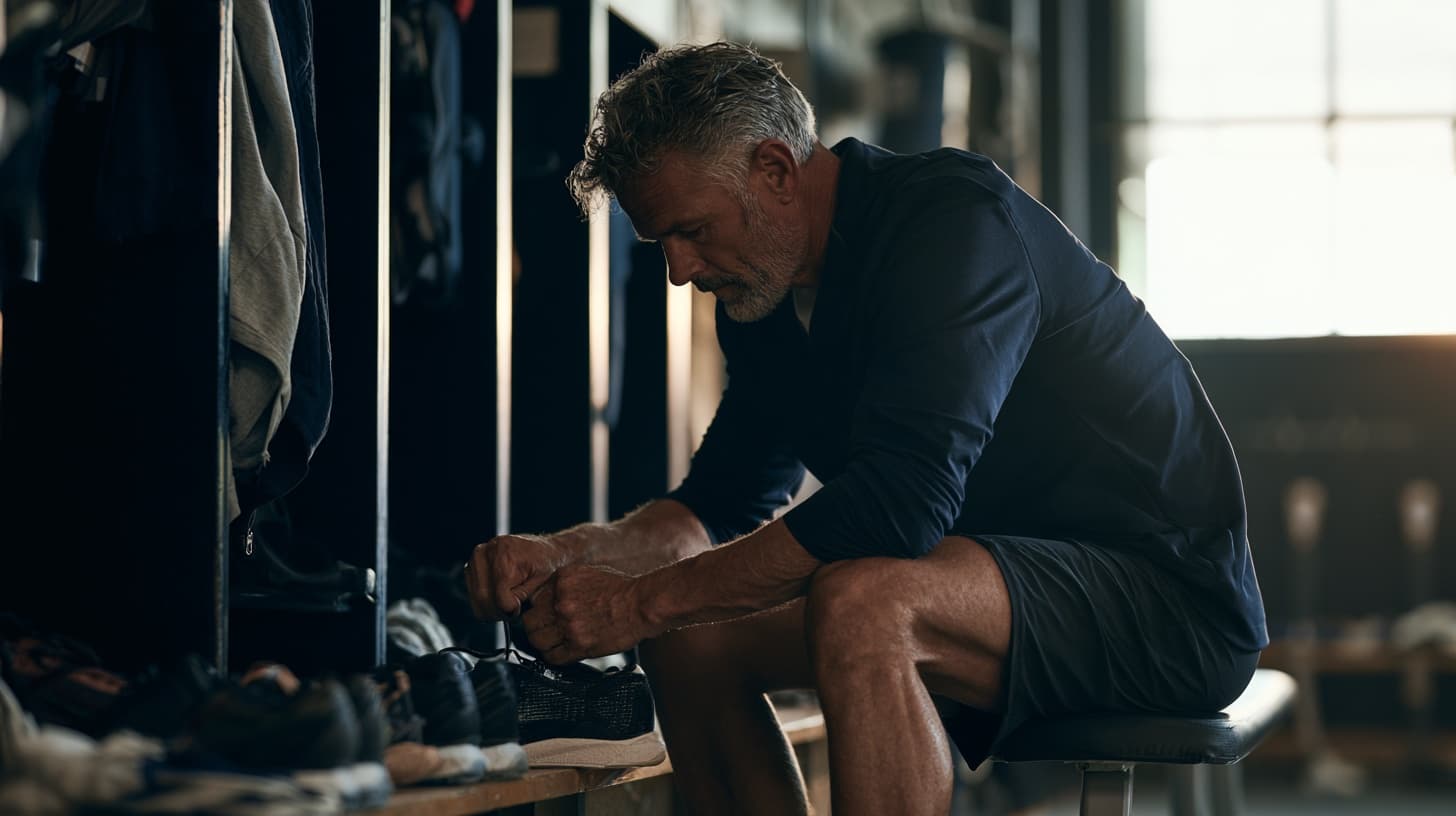 Adult in his forties lacing training shoes in a gym — starting to work out again after years away