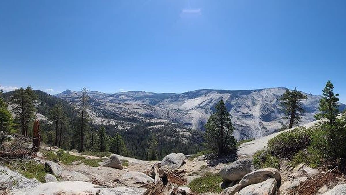 Granite mountain range and pine forest under a clear blue sky from a rocky hiking trail, a reminder that consistency is a long road, not a sprint