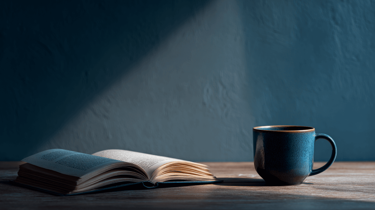 Decluttered wooden table with a single book and a cup of coffee — practicing mindful consumption and choosing less stuff over more