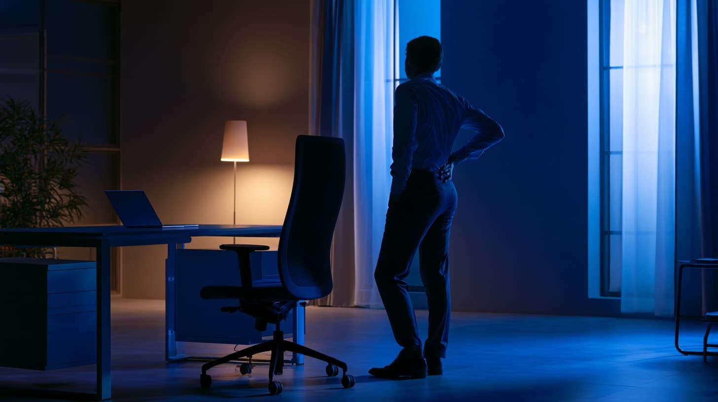 Desk worker standing and stretching hips to relieve lower back pain from sitting all day