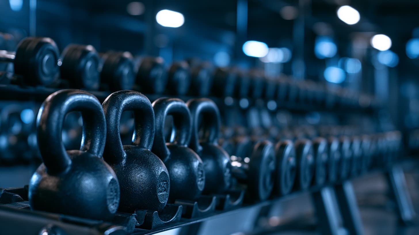 Row of kettlebells and dumbbells racked in a dimly lit strength training gym