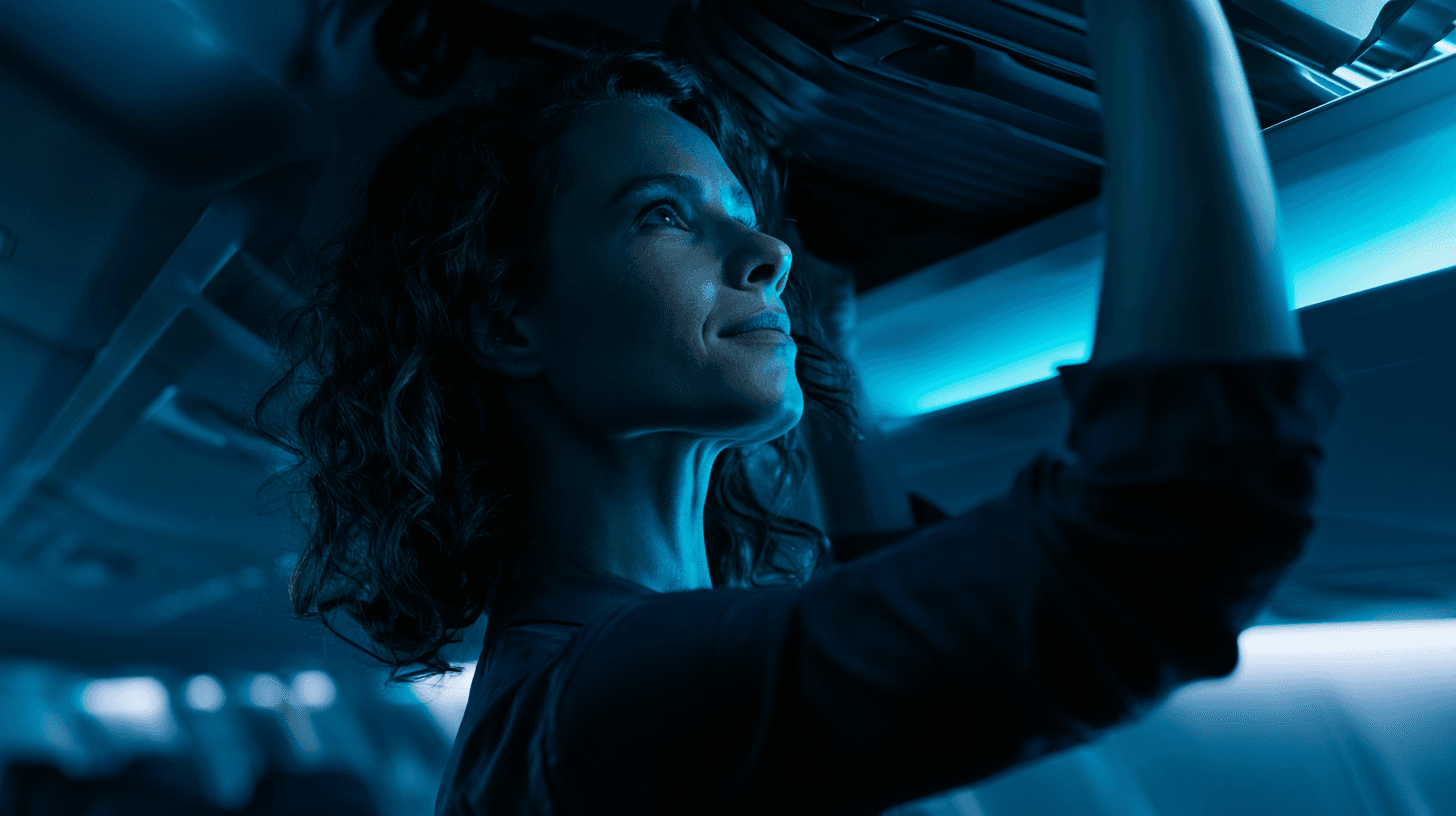 Woman over 40 lifting a suitcase overhead into an airplane bin — the functional strength that comes from consistent training after 40