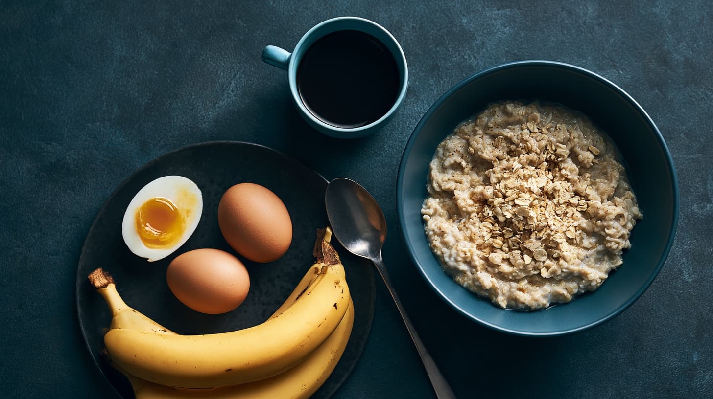 Simple pre-workout breakfast of eggs, banana, oatmeal, and coffee for a morning workout